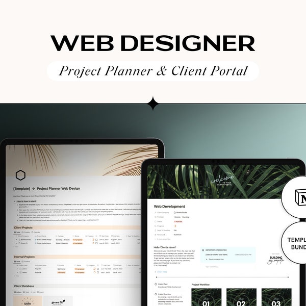 Notion Business Template für Webdesigner & Web-Entwickler, Notion Project Planner, Notion Client Portal, Notion Dashboard für Freelancer