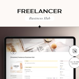 Könnte beinhalten: Ein Computerbildschirm zeigt eine Website namens "Freelancer Business Hub" mit einer Vorlage zur Verwaltung von Projekten, Zielen und täglichen Aufgaben. Die Website ist minimalistisch gestaltet und verfügt über einen hellen Hintergrund mit gelben Akzenten. Die Website ist als "All-in-One-System" gekennzeichnet.