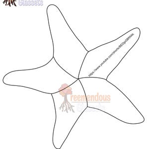 May include: A white starfish pattern with black outlines, featuring the text "Treemendous Glassets" and a YouTube link. The design is for a craft project, with the text "Pattern by Emily Hunt. Do NOT resell or redistribute."
