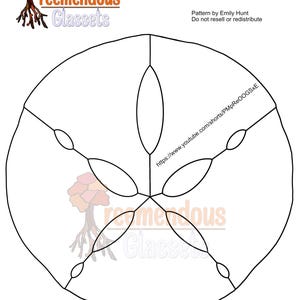 Peut inclure: Un dessin au trait noir et blanc d'un motif de dollar de sable pour l'art du verre. Le motif comprend une forme ovale centrale avec des lignes rayonnantes et de plus petites formes ovales. L'image comprend également le texte "reemendous Glassets" et un lien YouTube.