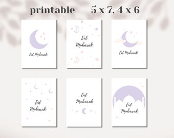 May include: Six printable cards with different designs featuring a crescent moon, stars, and the text "Eid Mubarak". The cards are in a light purple and pink color scheme.