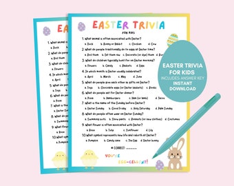 May include: A printable Easter trivia game for kids with an answer key. The game features a colorful design with a bunny and chick illustration. The text on the page includes questions about Easter traditions and symbols.