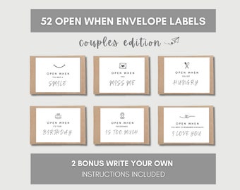 May include: A set of 52 brown paper envelope labels with black text and illustrations. The labels say "Open When" followed by a phrase like "You Need a Smile", "You Miss Me", "You Get Hungry", "It's Your Birthday", "The Distance Is Too Much", and "You Need to Remember How Much I Love You". There are also two blank labels for writing your own messages. The labels are for couples.