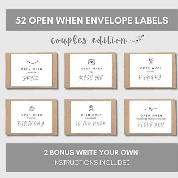 Open When Envelopes for Couples Printable, Long Distance Relationship Gift, Open When Labels, Love Letter Cards, Boyfriend Girlfriend Gift