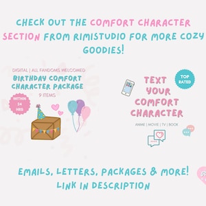 Puede incluir: Una ilustraci&oacute;n digital de un paquete de regalo de cumplea&ntilde;os con un ramo de globos rosa, azul y morado. El texto dice "Birthday Comfort Character Package" y "Text Your Comfort Character".