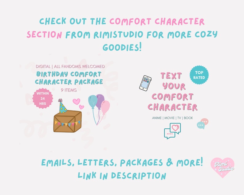 Puede incluir: Una ilustraci&oacute;n digital de un paquete de regalo de cumplea&ntilde;os con un ramo de globos rosa, azul y morado. El texto dice "Birthday Comfort Character Package" y "Text Your Comfort Character".