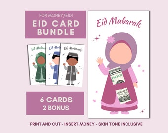 May include: A set of six printable Eid Mubarak cards featuring a girl in a pink hijab and dress holding money. The cards are designed for inserting money and have different skin tones. The text "Eid Mubarak" is written on the cards.