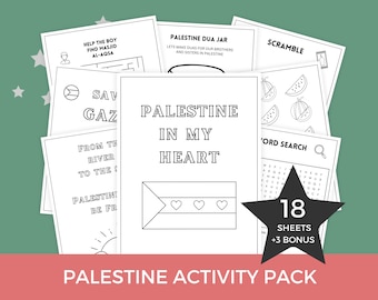 May include: A black and white printable activity pack for kids featuring 18 sheets of activities related to Palestine. The pack includes a word search, a scramble, a coloring page, and a "Save Gaza" activity. The cover features a black and white illustration of an envelope with three hearts inside, and the text "Palestine in my heart".