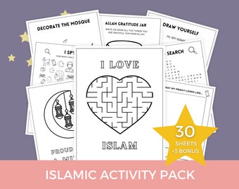 May include: A stack of white activity sheets with black line drawings and text. The sheets include mazes, coloring pages, and word searches. The words "I LOVE ISLAM" are in a heart-shaped maze. The pack includes 30 sheets plus 3 bonus sheets.