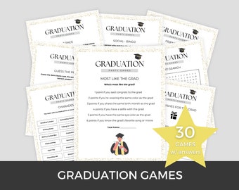 May include: A collection of graduation party games printed on white cards. The cards feature various game titles and instructions, with a graduation cap graphic. A yellow star-shaped graphic indicates "30 GAMES w/ answers". The words "GRADUATION GAMES" are at the bottom.