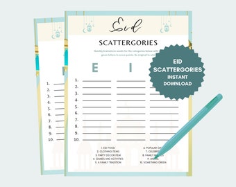 May include: A printable Eid Scattergories game with a blue and white background. The game includes two columns with the letters E and I at the top. The game is designed to be played with two players. The game includes a list of categories for each letter. The categories include Eid food, clothing items, party decor items, games and activities, a family tradition, popular gifts, celebrities, family members, animals, and something green.