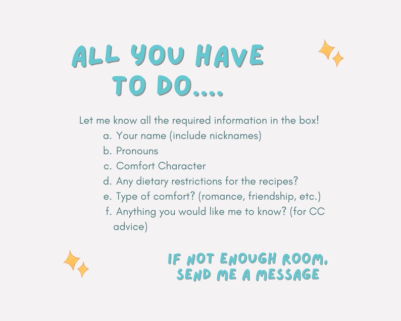 Puede incluir: Un gr&aacute;fico azul claro y amarillo con el texto "ALL YOU HAVE TO DO..." y una lista de preguntas a responder. Tambi&eacute;n se incluye el texto "IF NOT ENOUGH ROOM. SEND ME A MESSAGE".