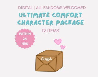 May include: A digital illustration of a brown package with the word "mega" written on it. Two pink hearts float above the package. The text "DIGITAL | ALL FANDOMS WELCOMED ULTIMATE COMFORT CHARACTER PACKAGE 12 ITEMS" is above the package. A pink starburst with the text "WITHIN 24 HRS" is to the left of the package.