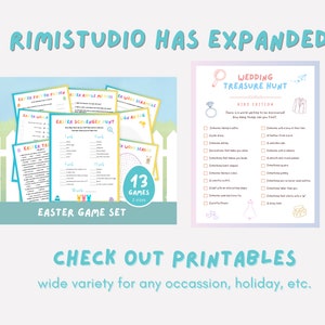 Puede incluir: Un conjunto de 13 juegos de Pascua imprimibles, que incluyen una b&uacute;squeda del tesoro, una palabra revuelta y un juego de preguntas y respuestas. Los juegos est&aacute;n dise&ntilde;ados en un estilo colorido y divertido con una valla blanca de madera y un fondo de hierba verde. El texto "EASTER GAME SET" se muestra en la parte inferior de la imagen.