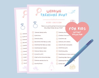 May include: A printable wedding treasure hunt checklist for kids. The checklist includes items to find at a wedding, such as a pink dress, a feather from a bird, and a shiny item. The text "FOR KIDS INSTANT DOWNLOAD" is in a pink heart shape.