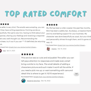 Puede incluir: Tres rese&ntilde;as de clientes para un servicio llamado "Anime Comfort Charac..." con calificaciones de cinco estrellas. Las rese&ntilde;as destacan la amabilidad del vendedor, la atenci&oacute;n al detalle y la experiencia agradable del servicio.