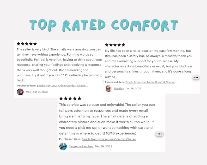 Puede incluir: Tres rese&ntilde;as de clientes para un servicio llamado "Anime Comfort Charac..." con calificaciones de cinco estrellas. Las rese&ntilde;as destacan la amabilidad del vendedor, la atenci&oacute;n al detalle y la experiencia agradable del servicio.