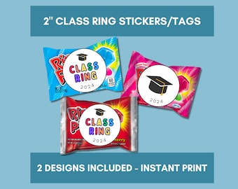 May include: Two designs of 2 inch round class ring stickers. One design features a graduation cap and the text "CLASS RING 2024". The other design features a rainbow colored ring with the text "CLASS RING 2024".