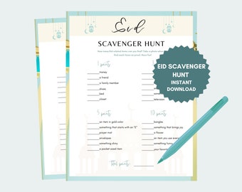 May include: A printable Eid scavenger hunt game with a light blue and gold color scheme. The game includes a list of items to find with points assigned to each item. The text "Eid Scavenger Hunt Instant Download" is in a teal circle.