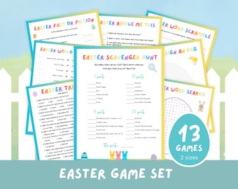 May include: A set of 13 printable Easter games in two sizes. The games include a word search, word scramble, fact or fiction, trivia, riddle, and scavenger hunt. The games are designed with a bright, colorful Easter theme.