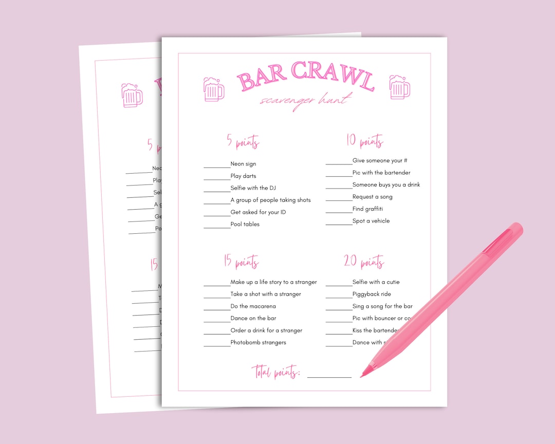 Bar Crawl Scavenger Hunt Printable for Adults, Birthday Bar Hopping