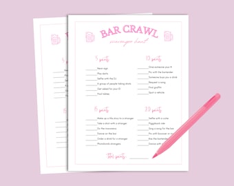 May include: Pink and white bar crawl scavenger hunt game sheets with a pink pen. The text includes "Bar Crawl" and point values for various activities like taking selfies and singing a song.
