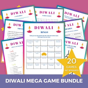 Paquete de 20 juegos de fiesta Diwali MEGA divertidos para la familia, los amigos y los niños. Actividades imprimibles para la noche del festival hindú de Diwali