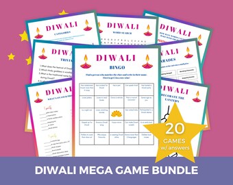 May include: A colorful set of 20 printable Diwali games with answers. The games include categories, trivia, bingo, word search, decorate the lantern, and more. The games are perfect for celebrating Diwali with friends and family.