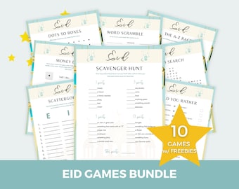 May include: A set of 10 printable Eid games for kids, including a scavenger hunt, word scramble, and a "would you rather" game. The games are designed with a blue and gold color scheme and feature a crescent moon and star design.