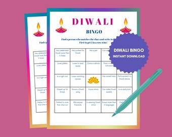 May include: Two Diwali Bingo game sheets with a teal pen on a pink background. The game sheets have a colorful border and feature a grid with clues. The text "DIWALI BINGO" and "INSTANT DOWNLOAD" are visible.