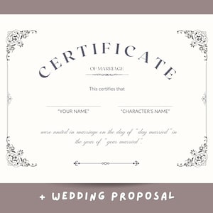 Certificado de matrimonio personalizado de carácter cómodo y carta de propuesta de boda, certificado personalizado imprimible digital