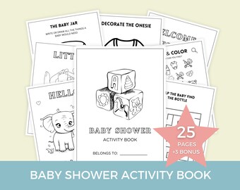 May include: Black and white baby shower activity book with 25 pages and 3 bonus pages. The cover features a stack of alphabet blocks with a baby elephant on the front.