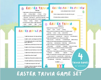 May include: Four printable Easter trivia game cards with colorful eggs and bunny illustrations. The cards include questions and answers for kids and adults. The text on the cards reads "Easter Trivia for Kids", "Easter Fact or Fiction", "Easter Trivia for Adults", and "Easter Riddle Match".