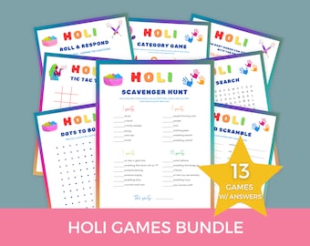 May include: A bundle of 13 Holi games with answers, featuring colorful designs and various game types. The games include a scavenger hunt, word scramble, and tic-tac-toe, all with a festive theme.