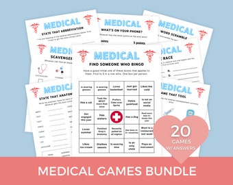 May include: A set of 20 printable medical-themed games for parties or gatherings. The games include a scavenger hunt, a word scramble, a bingo game, and more. The games are designed to be fun and engaging for people of all ages.