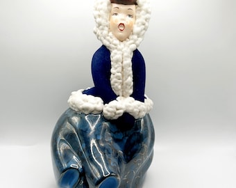 Vintage Atlantic Mold Christmas Caroler Figurine Blue Flocked Girl Ceramic 9&quot;
