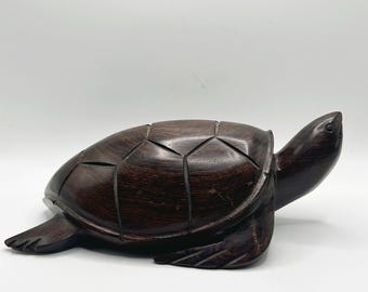 Vintage Hand Carved Iron Wood Sea Turtle Unique Wooden Figurine