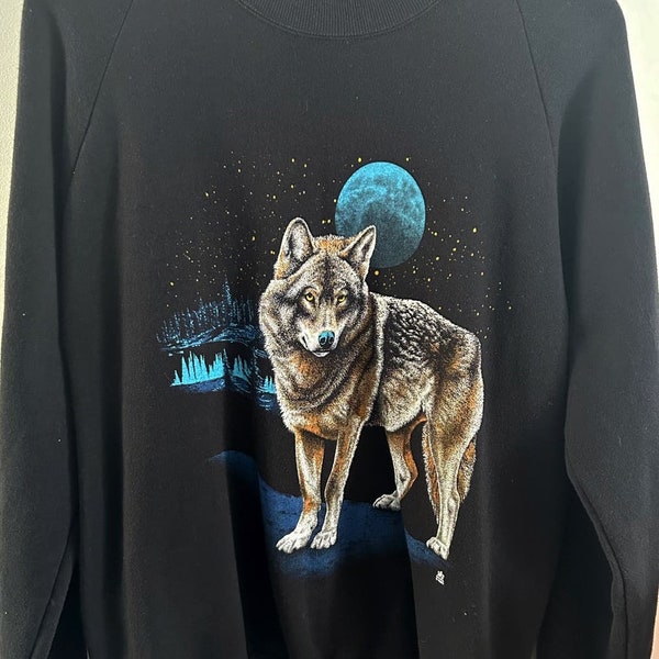 Vntg Jerzees 1987 Black XLarge Sweatshirt Wolf & Full Moon USA LSJ Sportswear