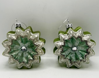VNTG HandCrafted Blown Glass Teal & Silver Snow Flake / Star Christmas Ornaments