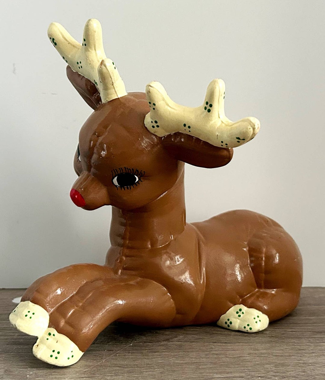 VNTG Large Laying Down Kimple Ceramic Reindeer Figure Red Nose Hand