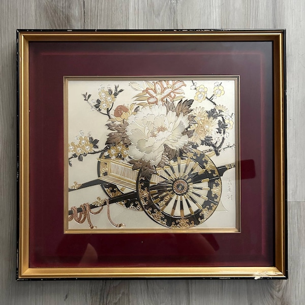 The Art of Chokin Cart & Flowers Glass Framed, Japan