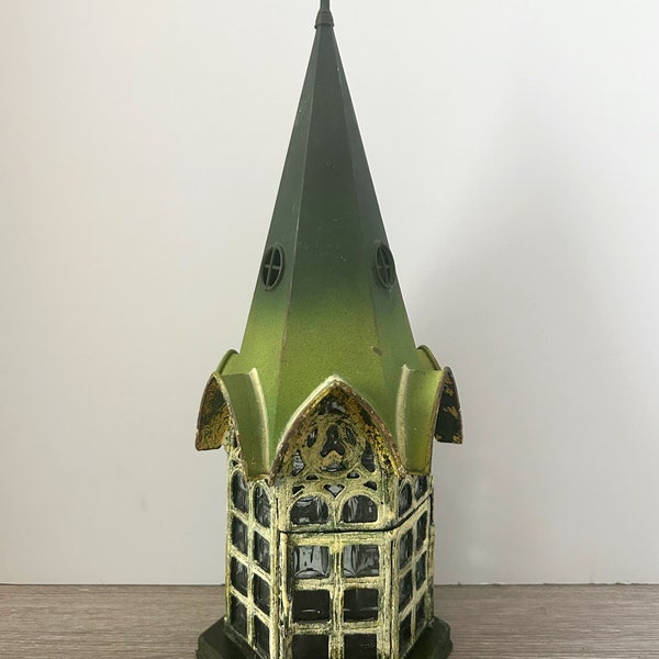 Glass & Metal Architectural Tea Light Candle Holder Lantern Chapel Fairy House