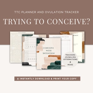 Op de afbeelding: Een printbare planner en tracker voor het proberen om zwanger te worden. De omslag heeft abstracte aquarelvormen in tinten bruin, groen en roze met de tekst "Conceive with Intention". De planner bevat secties voor journalen, tracking en affirmaties.