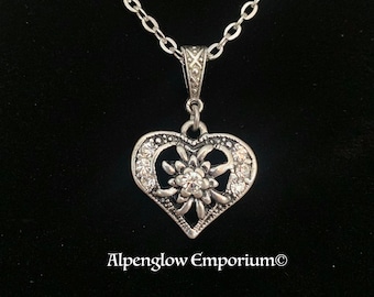 Sparkling Silver Edelweiss Heart Pendant Necklace; 18" Necklace Length; Romantic Gift of Love; Swiss Mountain Flower