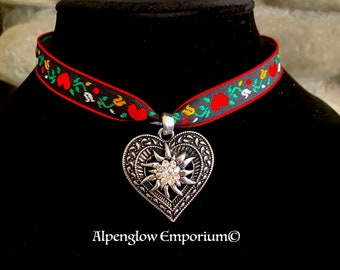 Silver Edelweiss Heart Pendant Ribbon Choker; Adjustable Length; Romantic Gift of Love; Swiss Mountain Flower; Octoberfest; Dirndl Jewelry