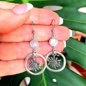 Edelweiss Earrings; Antique Silver with Rainbow Moonstone; Hypoallergenic; Choice of Closure; Bavarian Swiss Alpine Flower of Love Gift