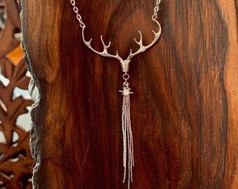 Silver Rhodium Buck Antlers Necklace with Tassels and CZ Polaris Sparkles; Silver Northstar Wanderlust Jewelry; Lederhosen Dirndl Jewelry