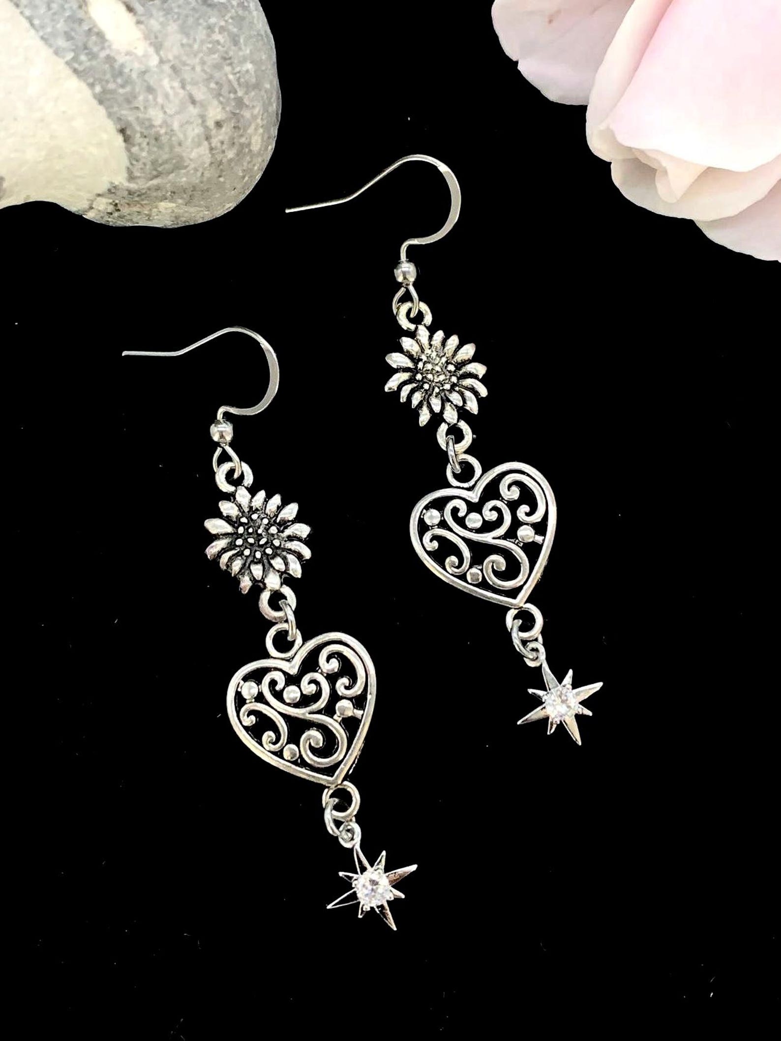 Silver Edelweiss Heart Earrings: Tyrolean Dirndl Tracht Jewelry