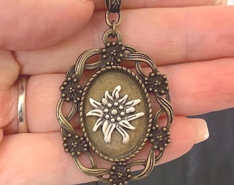 Unique Edelweiss Pendant Necklace Alpine Flower; Rich Bronze Fall Earth Tones with Antique Silver