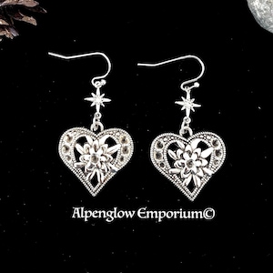 Edelweiss Silver Heart Earrings; Hypoallergenic; Austria Bavaria Swiss Alpine Flower of the Alps Symbol of Love